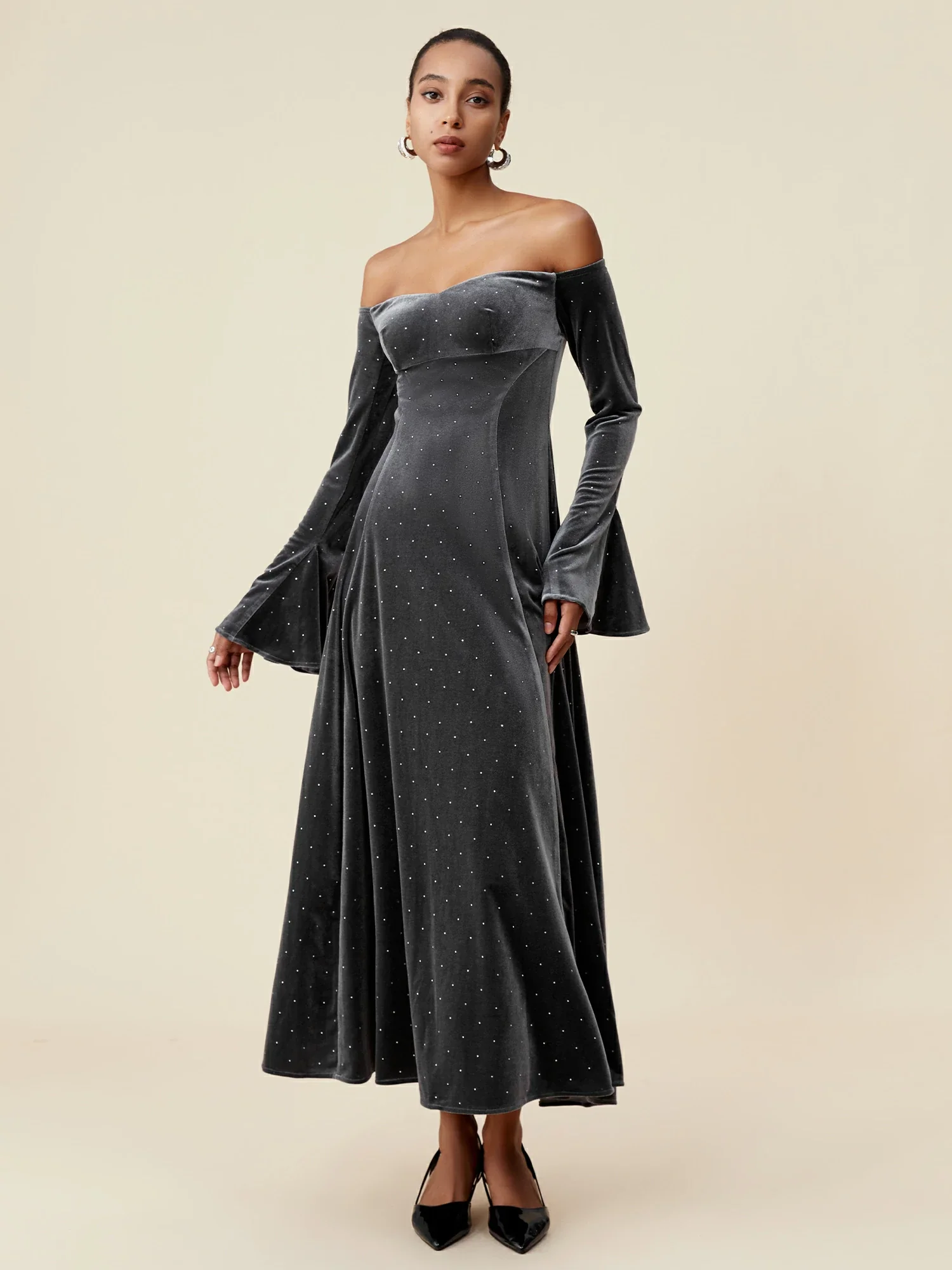Velvet Rhinestone Long Sleeve Off-Shoulder Dress