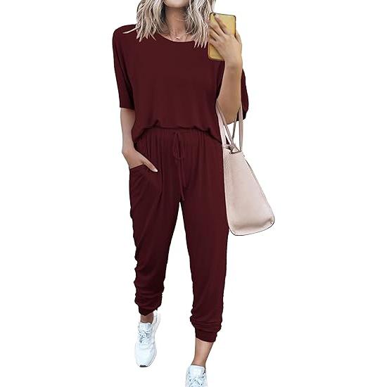 Women's 2-Piece Set Summer Outfits Crew Neck Short Sleeve Tracksuit Jogger Set With Drawstring and Pockets Comfy Lounge Wear