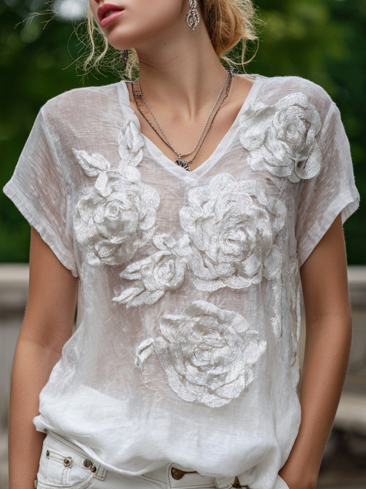 Vintage White Roses Embroidered V Neck Linen T Shirt