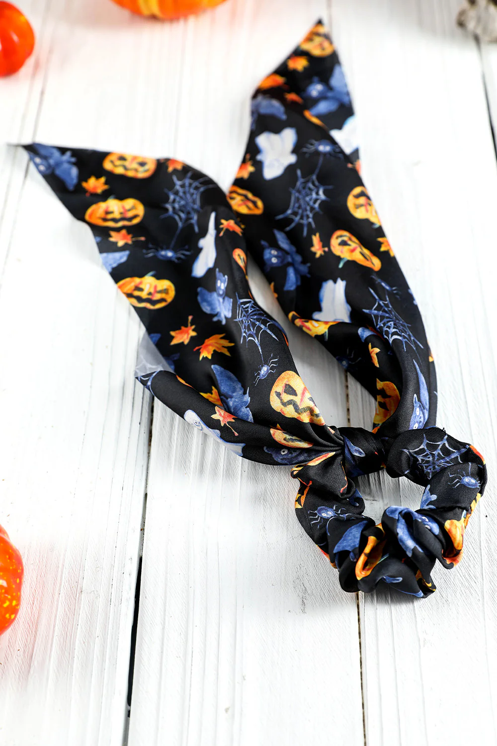 Orange Halloween Pumpkin Face Printed Satin Scrunch Hair Tie