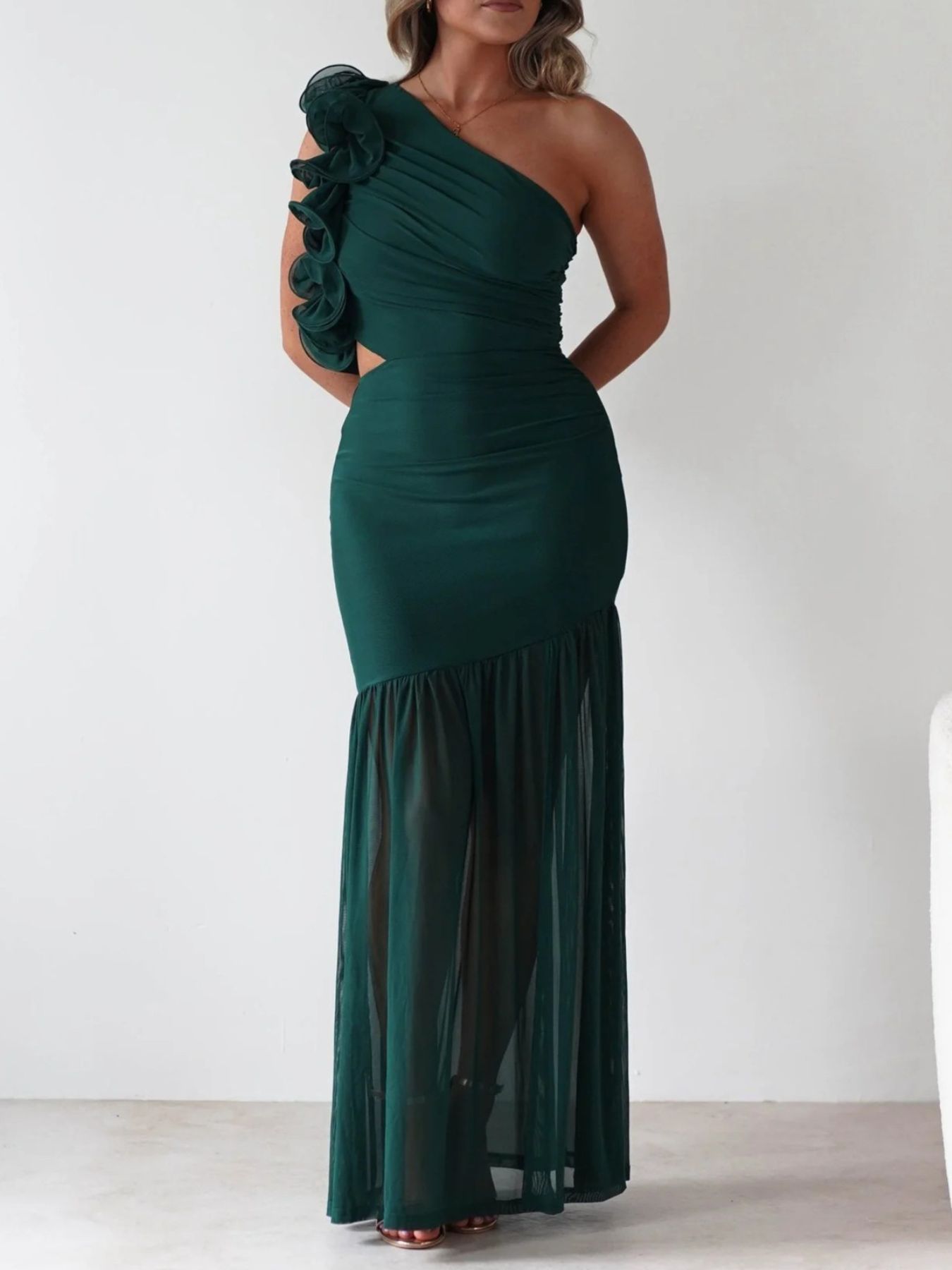 One-Shoulder Ruffle Trim Maxi Dress