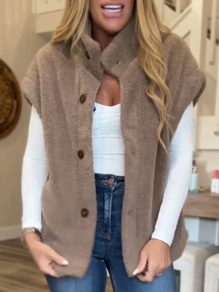Women Round Neck and Breasted Plush Casual Vest