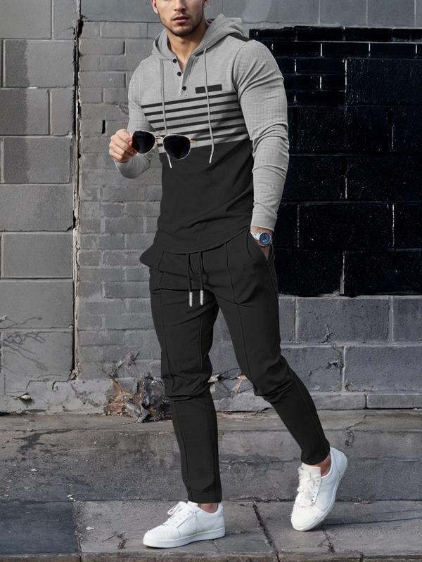 Men’s Hooded Striped Sweatshirt & Waffle Knit Pants Set