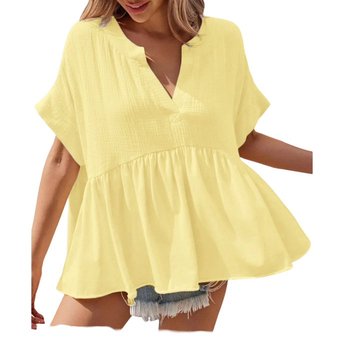 Effortless Flowy Babydoll Blouse – V-Neck Pleated Summer Top
