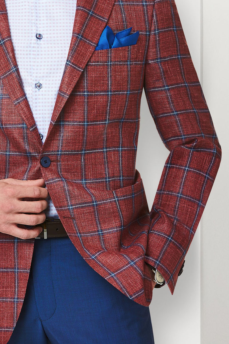 Men's Red And Blue Plaid Business Casual Suit Jacket