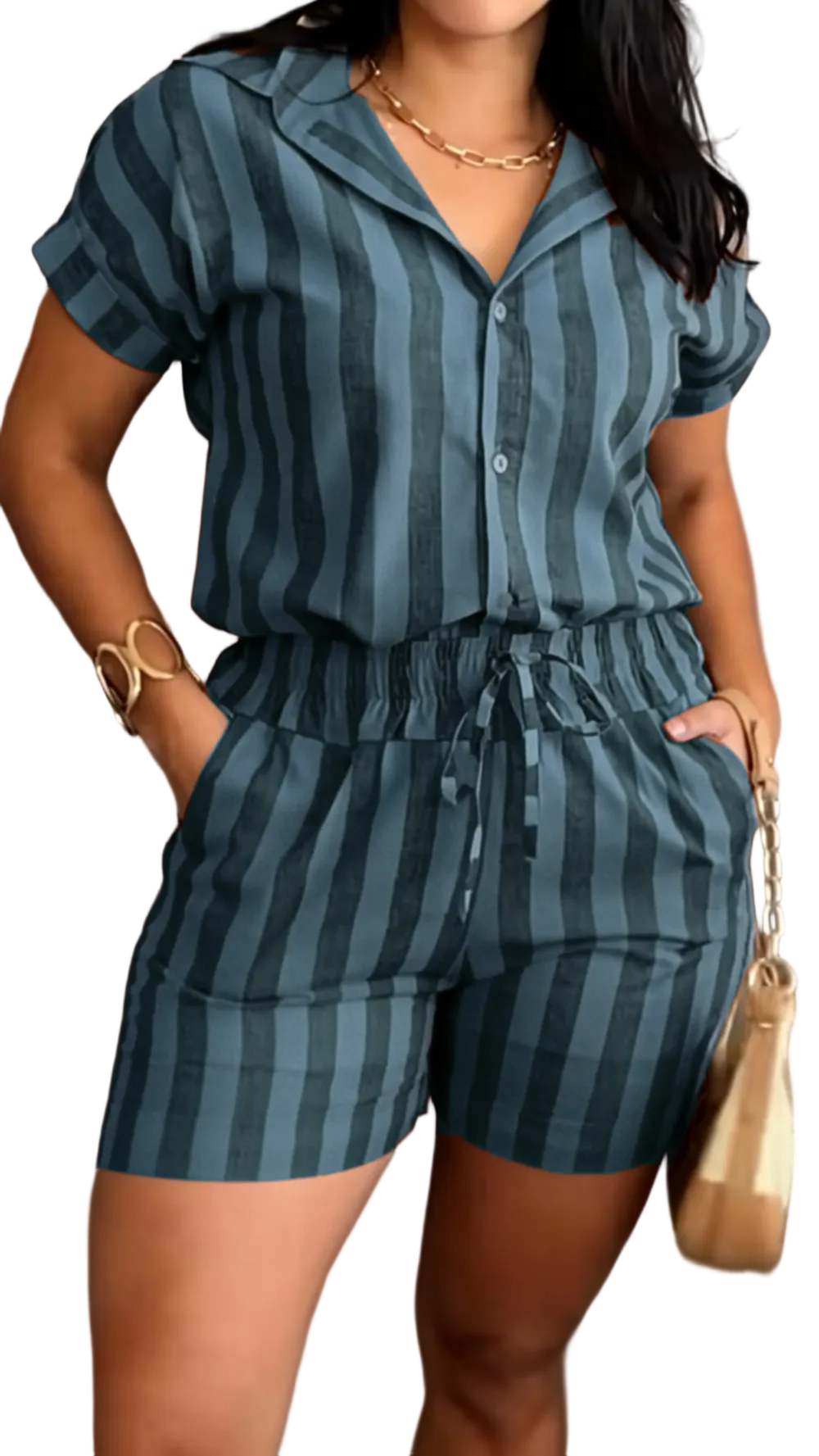 Women's Cotton Linen Striped Short Sleeve & Shorts Casual Set