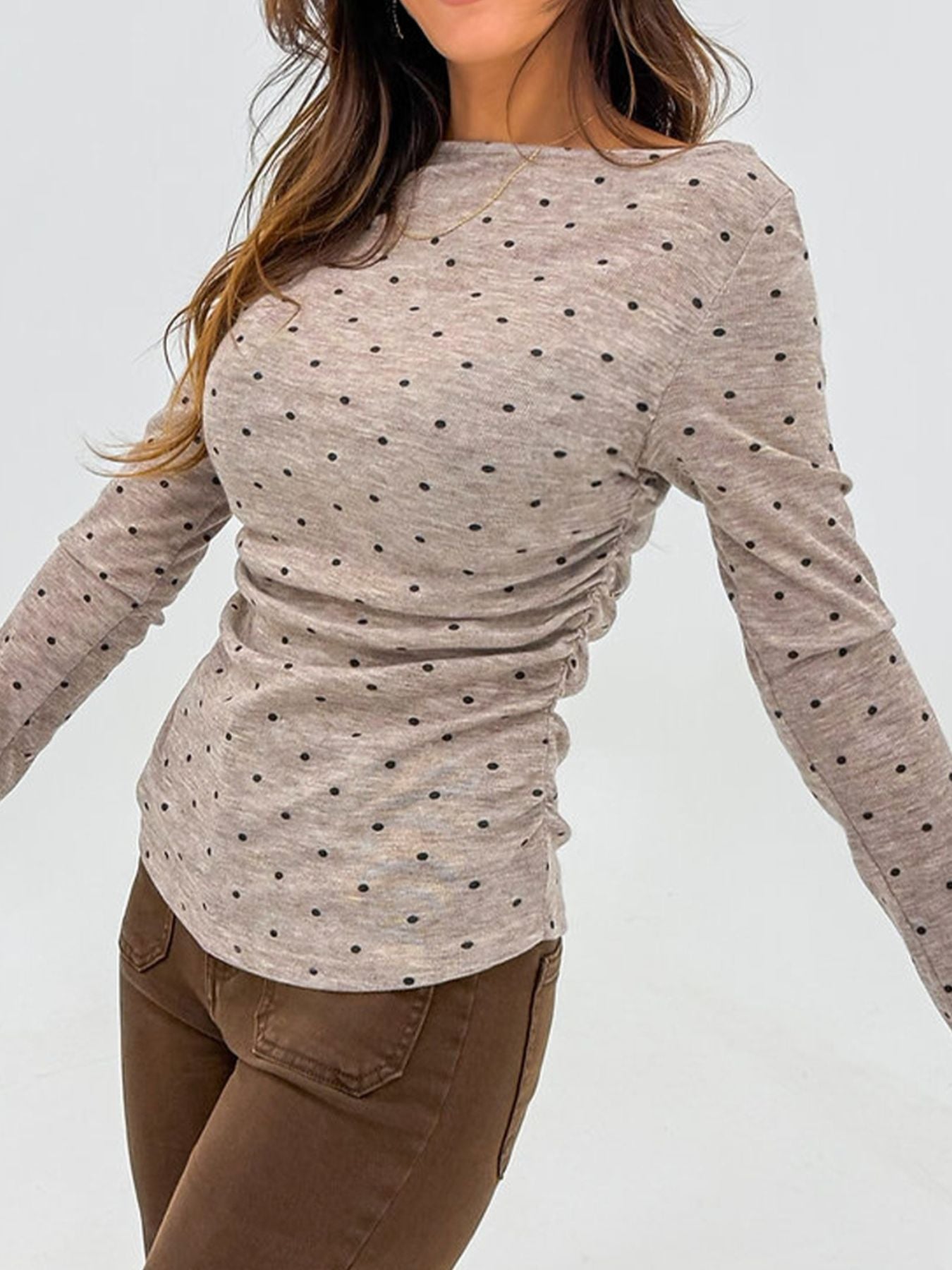 Polka Dot Boat Neck Knit Long Sleeve T Shirt