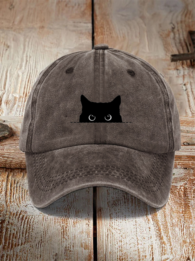 Japanese Art Black Cat Print Washed Hat
