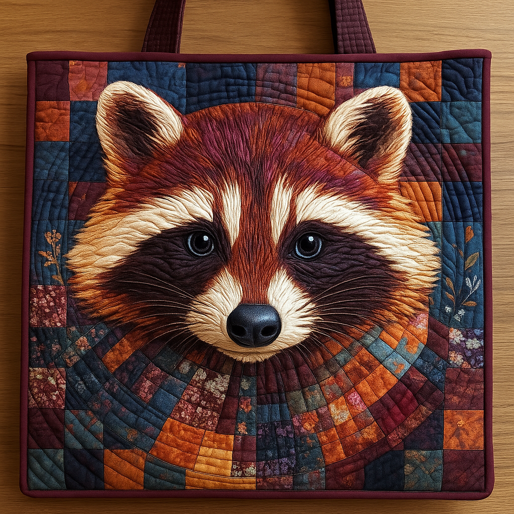 Whispers of the Woodland — 3D Raccoon Quilted Tote Bag ✨