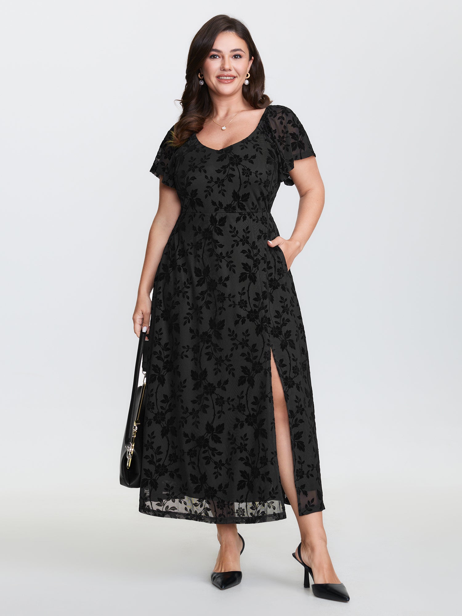 Floral Textured Jacquard Slit Hem Maxi Dress