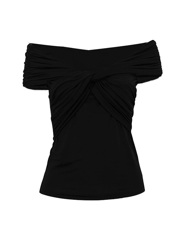 Knot Pleated Solid Color Split-Joint Short Sleeves Skinny Boat Neck T-Shirts Tops