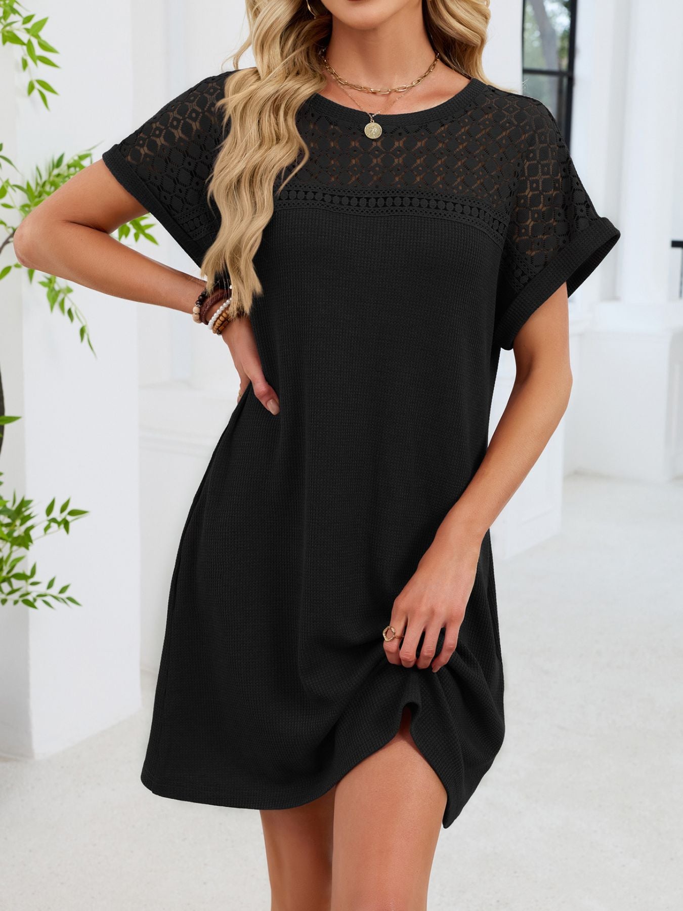 Lace Round Neck Short Sleeve T-Shirt Dress