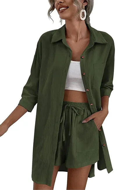 2025 Women's Linen 2-Piece Lounge Set – High-Low Shirt & Drawstring Shorts
