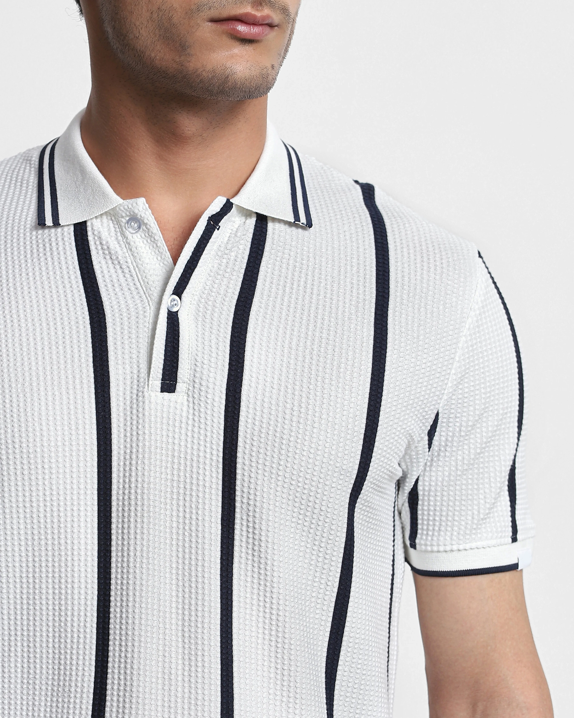Daily Simple And Slimming White Striped Polo Shirt