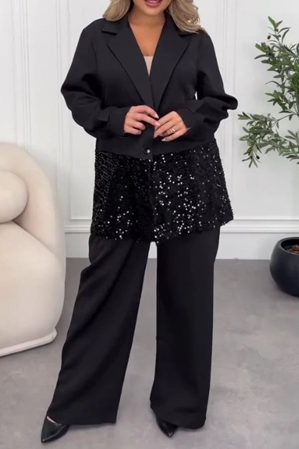Women Elegant Sequined Suit + Wide-Leg Pants Suit