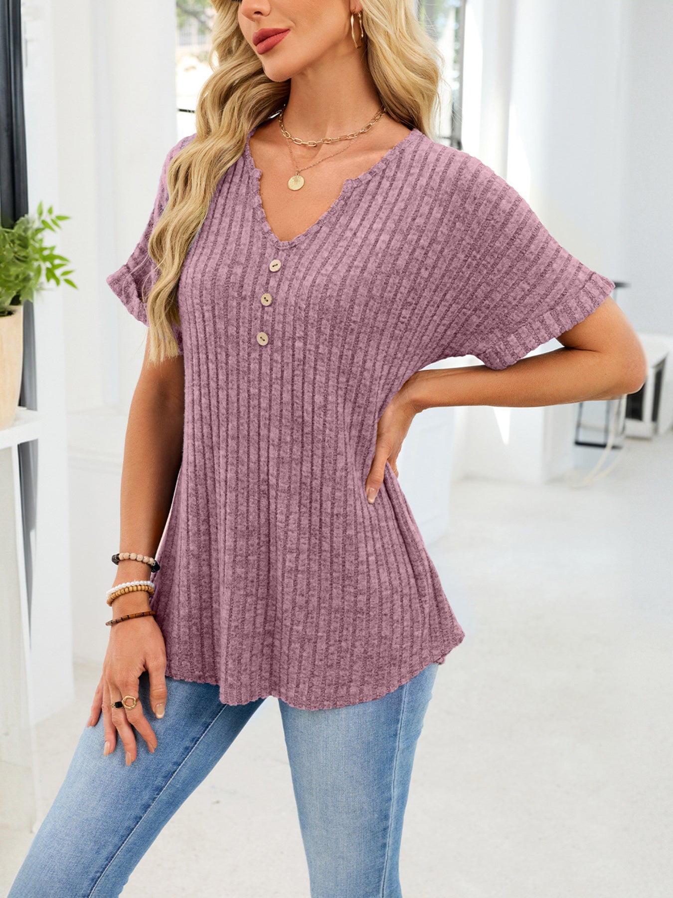 Ribbed Knit Short Sleeve T-Shirt