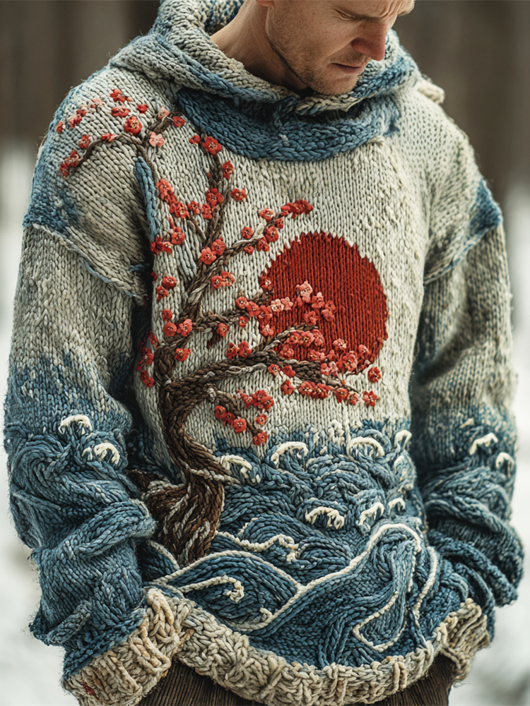 Japanese Red Sun & Ocean Art Men's Knit Hooded Sweater