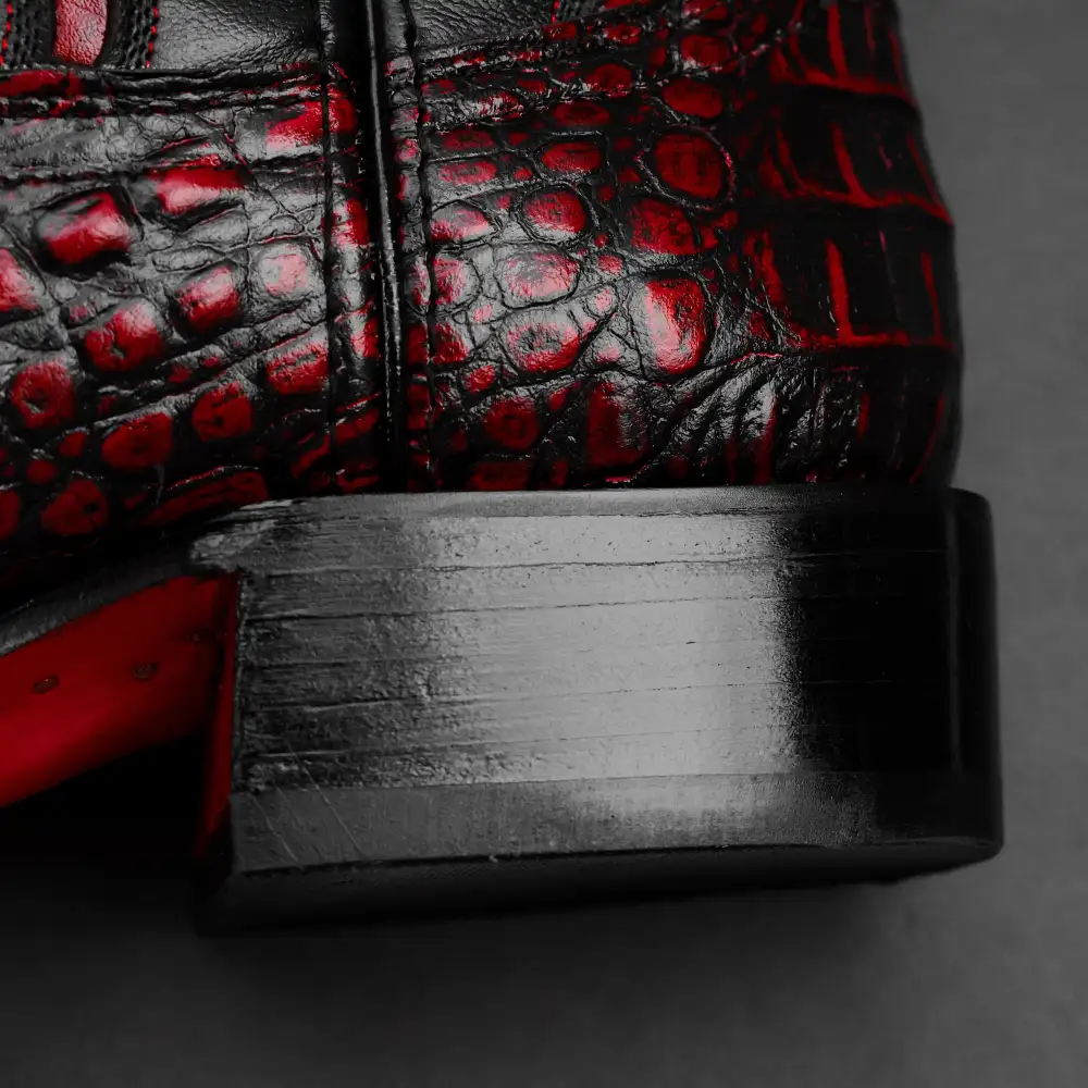 Black/Red Caiman Neck Leather Boots - Square Toe