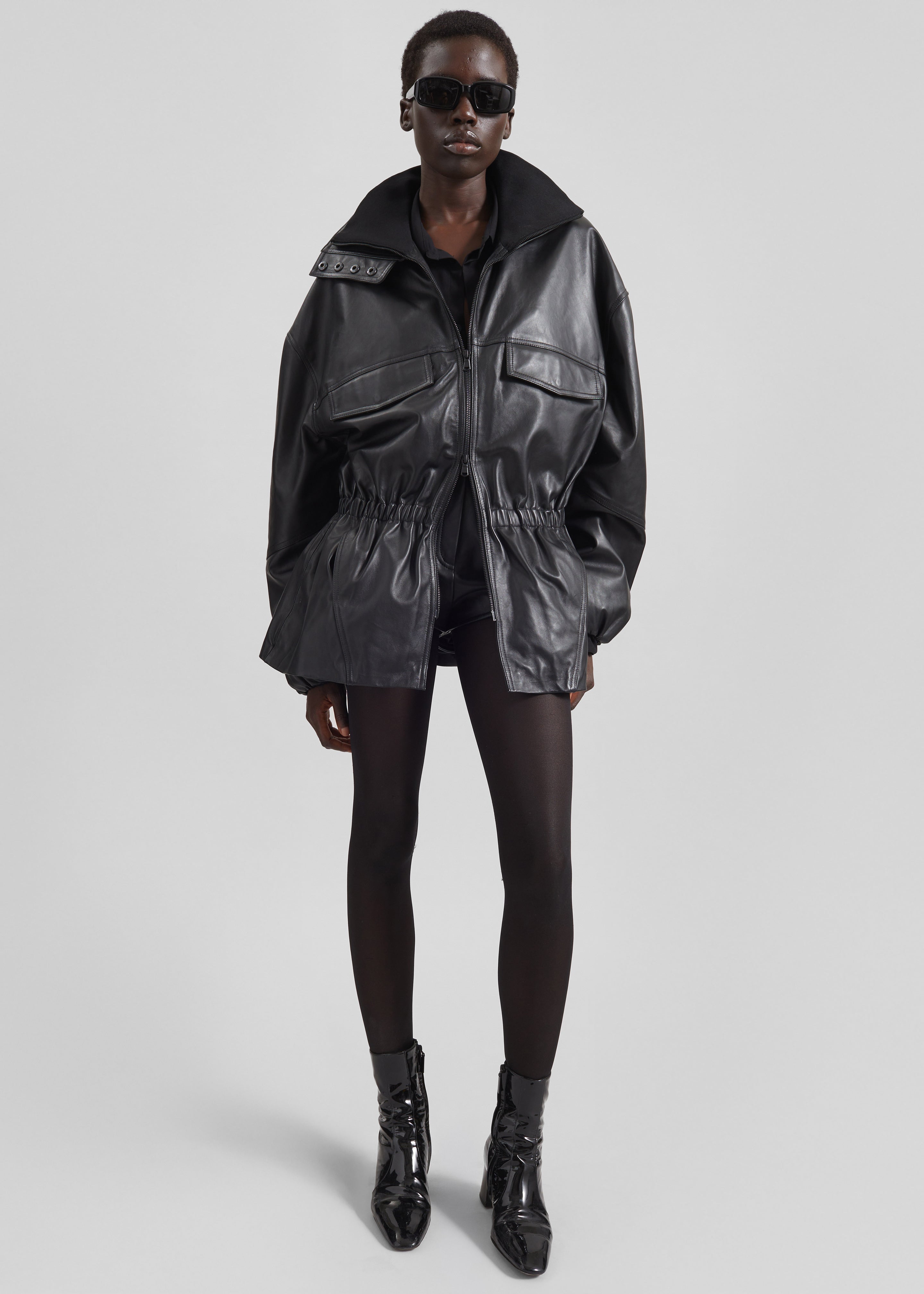 Carnaby Funnel Neck Leather Jacket - Black