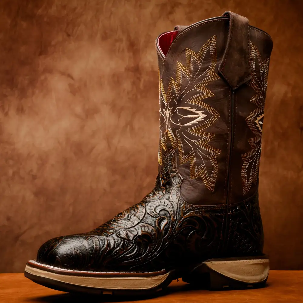 Rustic Brown Hand-Tooled Leather Boots With 3D Lightweight Sole - Composite Toe