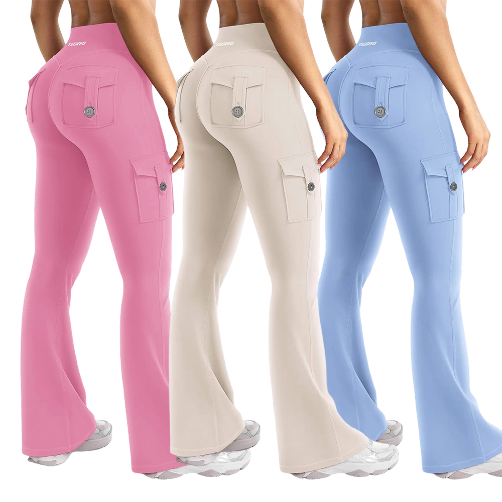 Women's Workout Flare Leggings with Pockets Hidden Scrunch High Waisted Cargo Gym Yoga