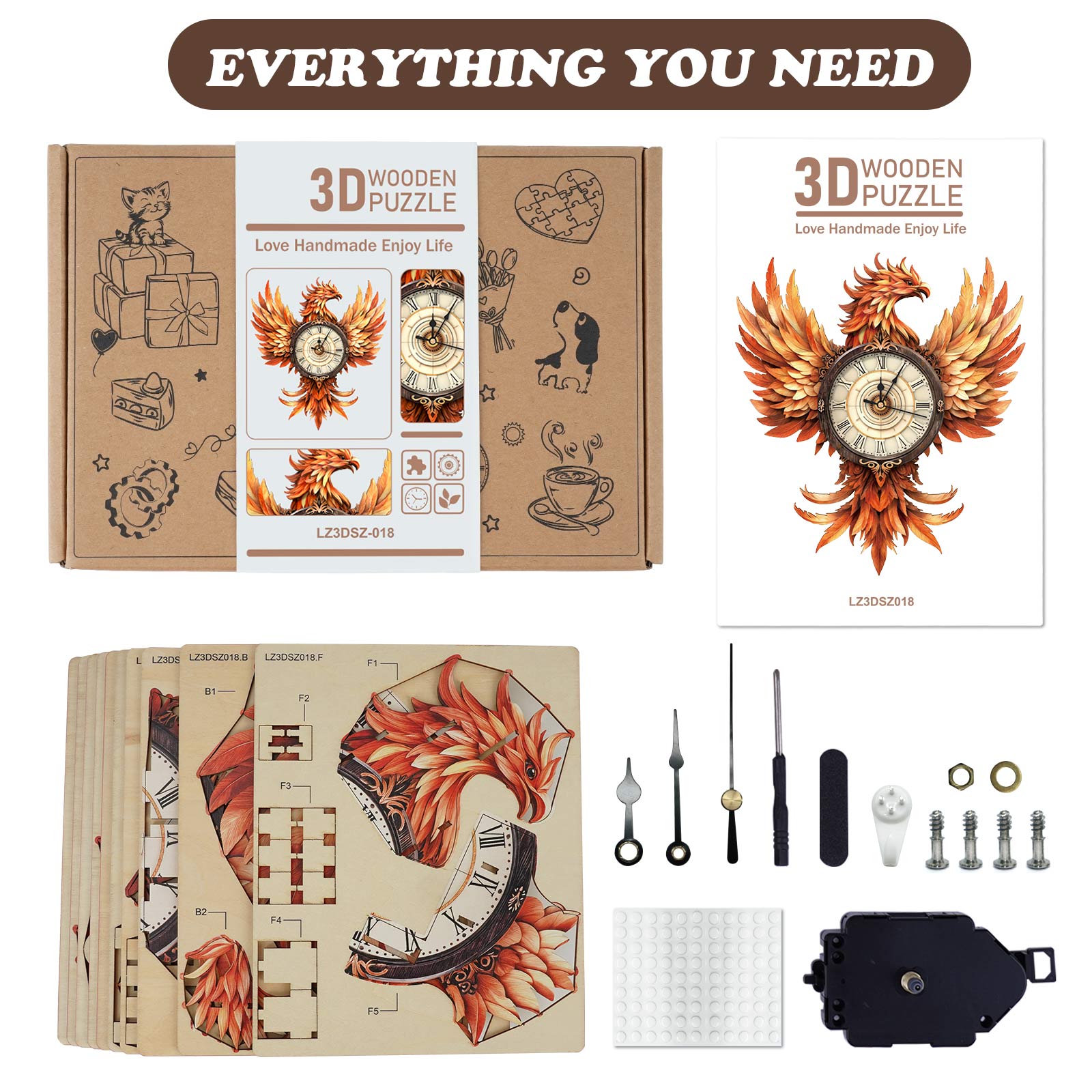 Fire Phoenix â€“ DIY Wooden Clock, 3D Puzzle Craft Kit
