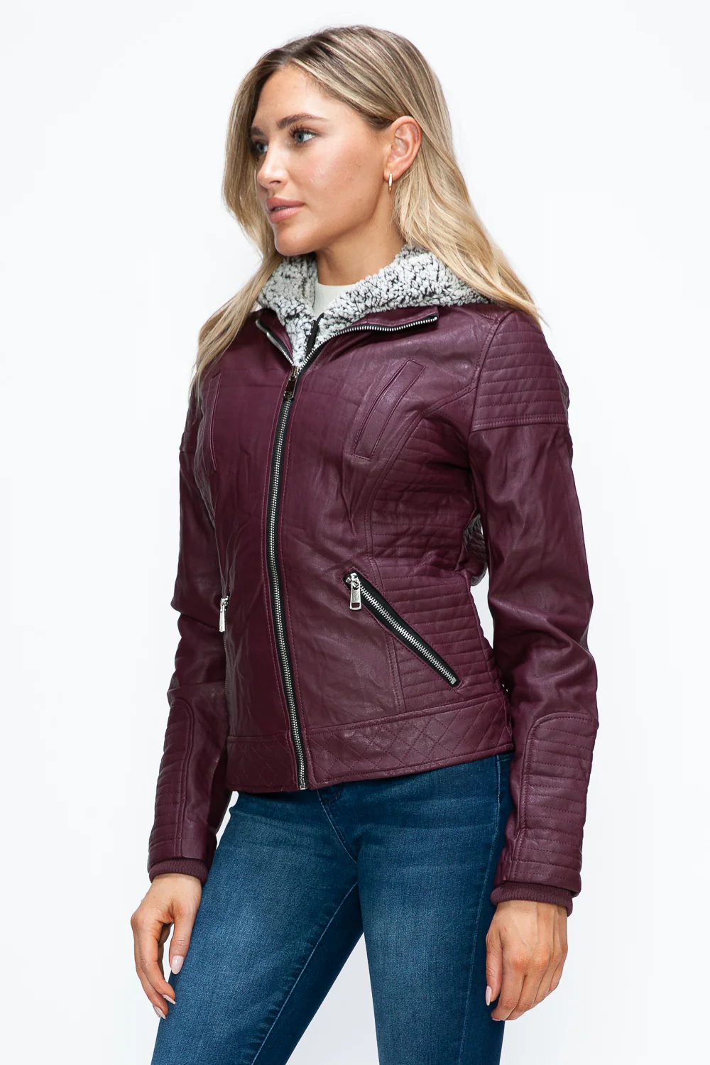 Faux Layered Double-Zipper Jacket with Fuzzy Hood
