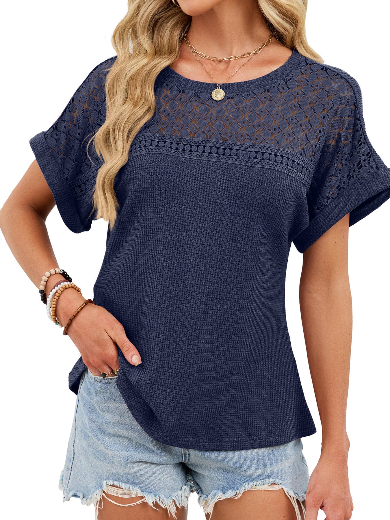 Lace-Trimmed Round Neck T-Shirt