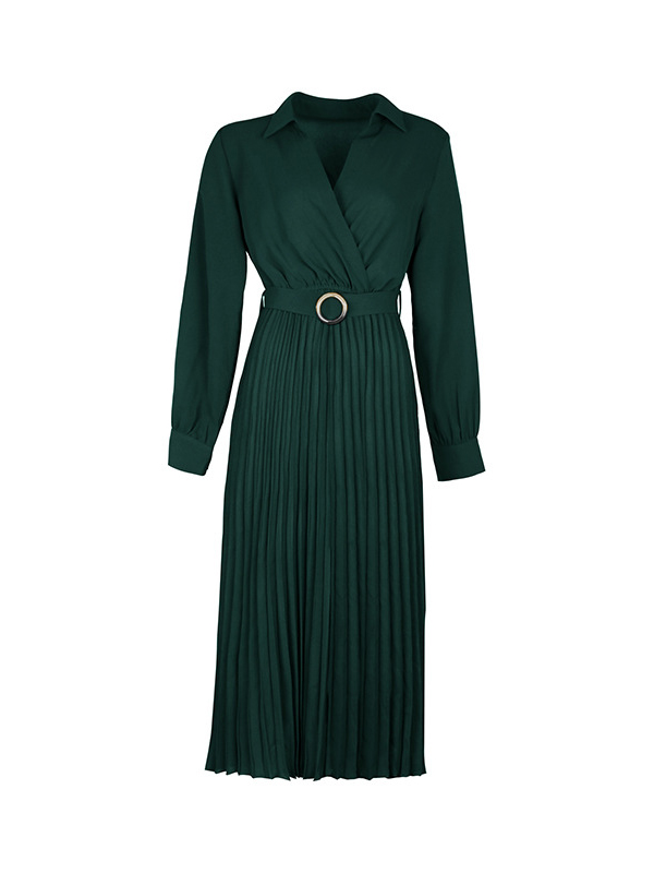 Belted Pleated Solid Color A-Line Long Sleeves Lapel Midi Dresses