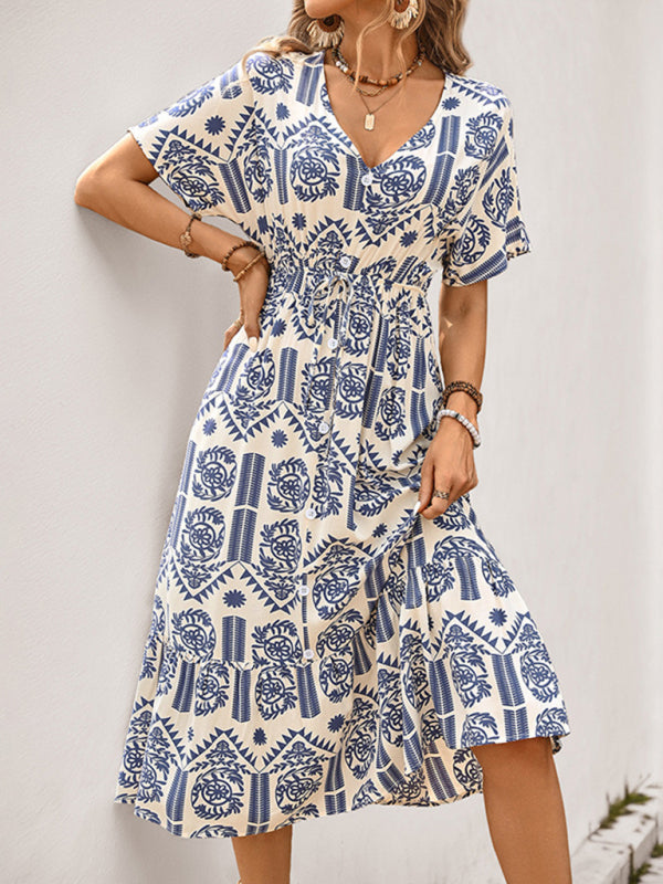 Simple casual A-line ethnic style printed dress