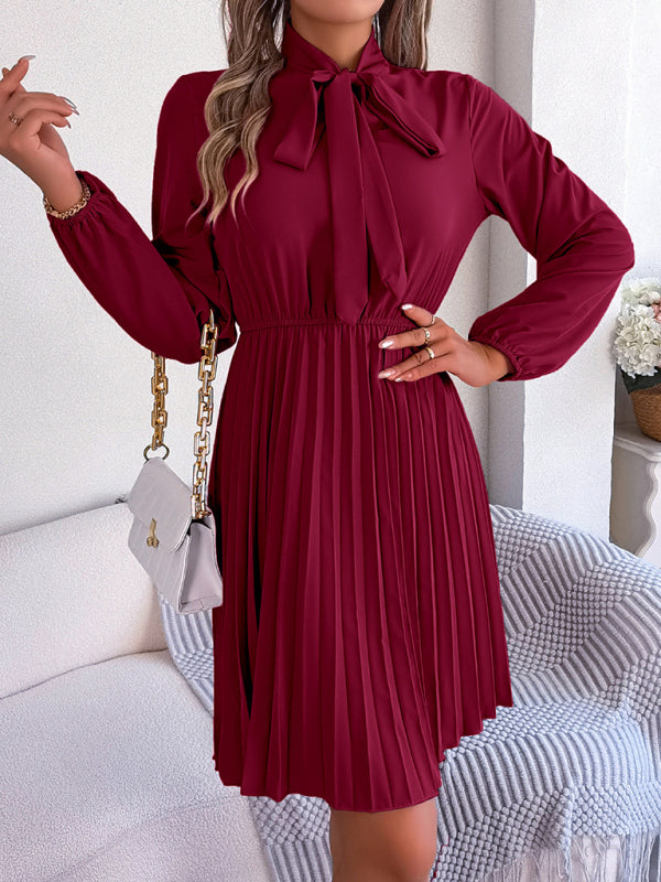 Autumn And Winter Tie Waist Long Sleeve Pleated Skirt
