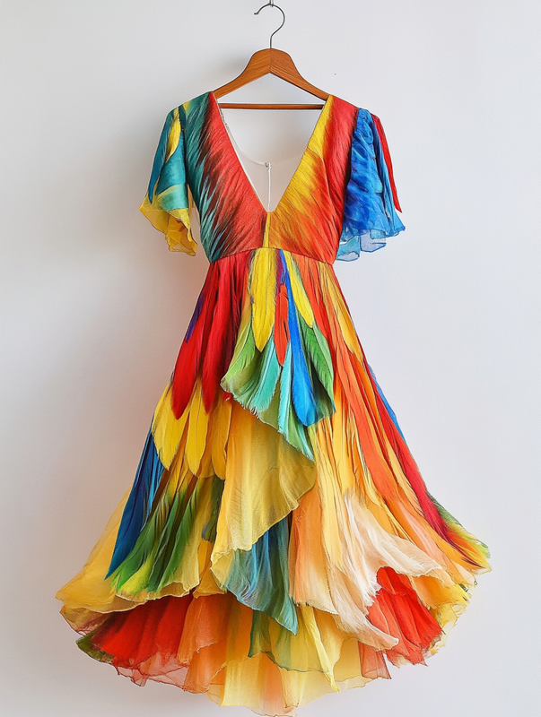 Summer Rainbow Parrot Feather Embroidered Dress bcc9