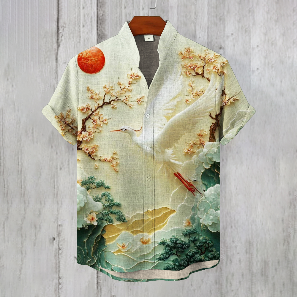 Japanese Art Crane Print Men's Linen Short Sleeve Shirt