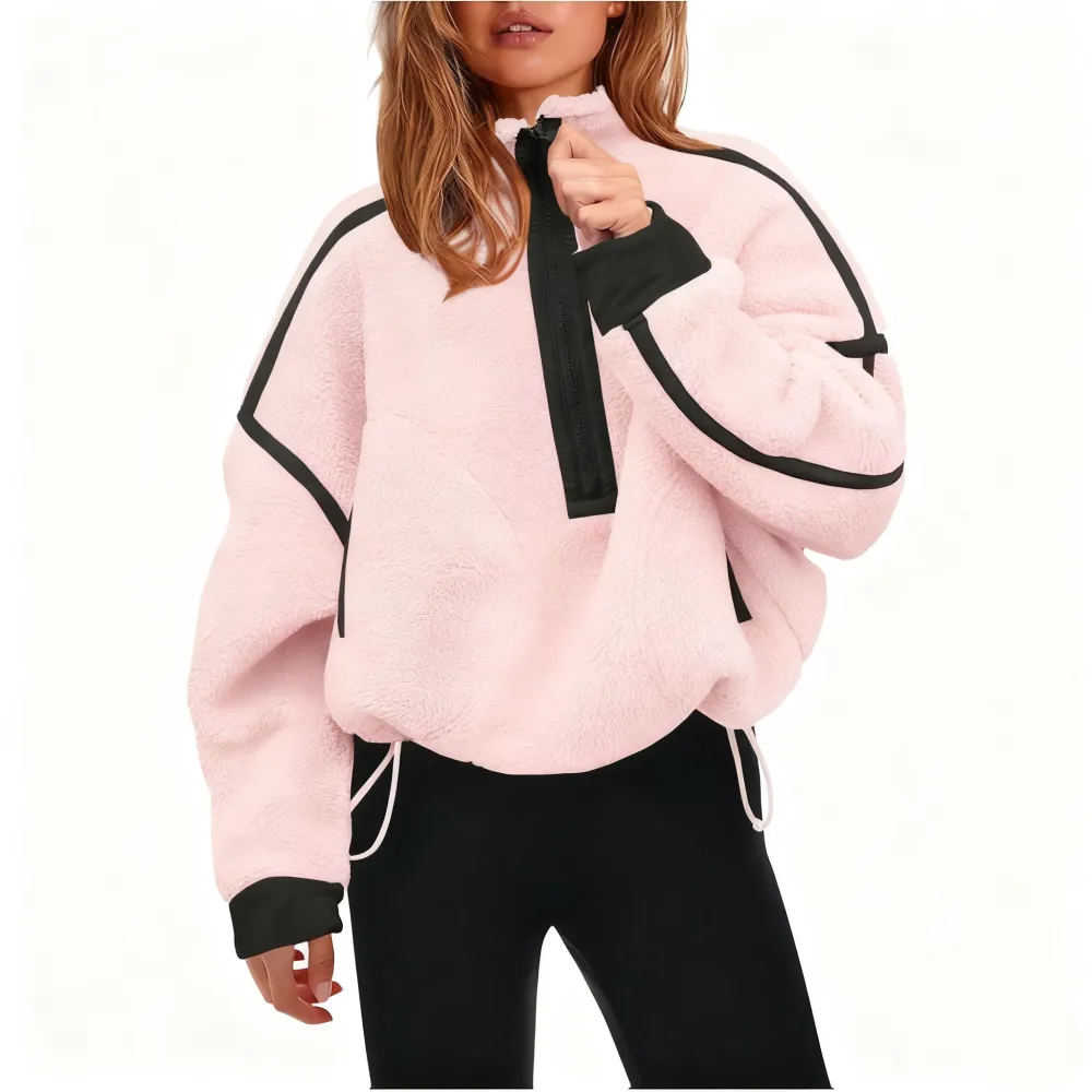 Women Sherpa Fleece Warm Oversized Half Zip Sweater