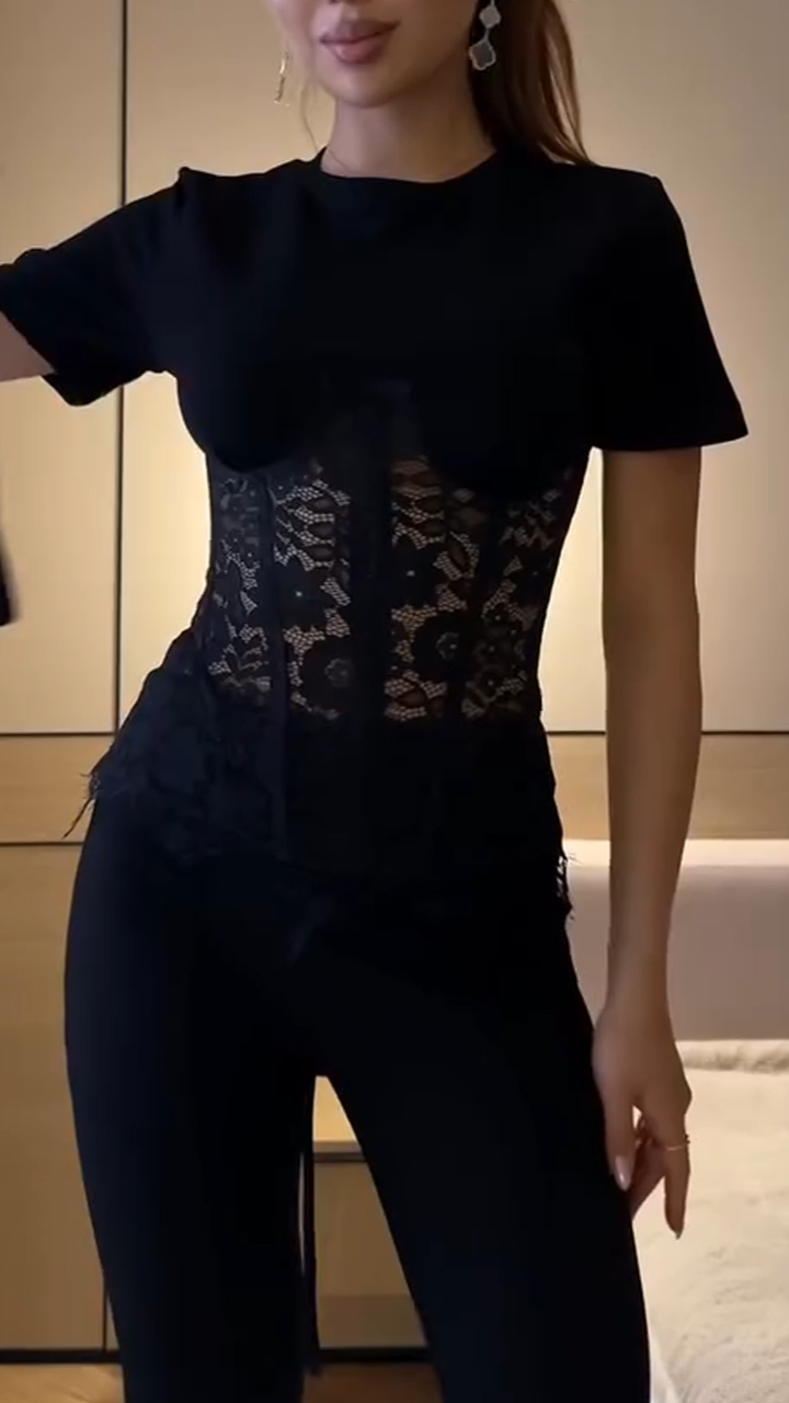 Women Round Neck Patchwork Lace Casual Top