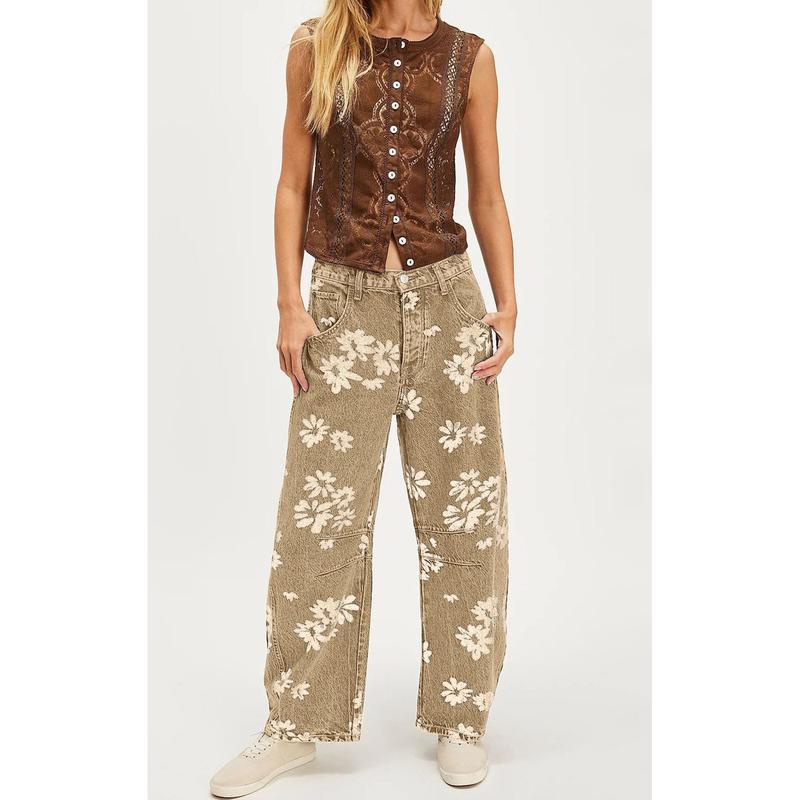 Women's Simple Floral Jeans Y2K Loose Wide-Leg Jeans Boyfriend Style Printed Stitching Jeans