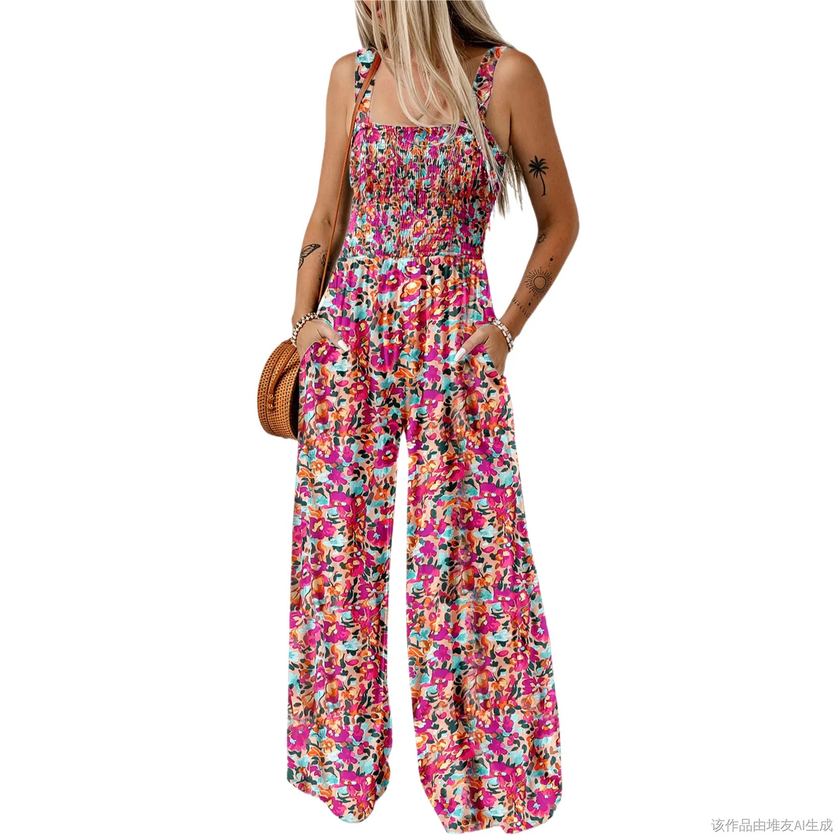 Women's Casual Loose Overalls Jumpsuits One Piece Sleeveless Printed Wide Leg Long Pant Rompers With Pockets