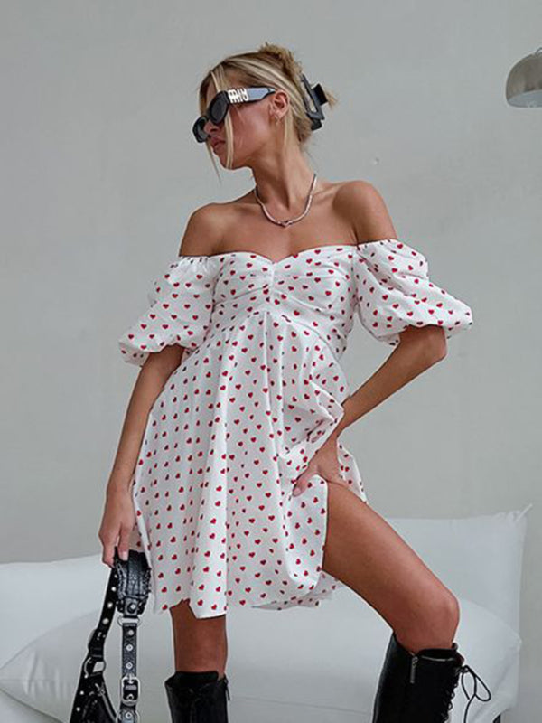 French Love Print One-Neck Short-Sleeved Puff Sleeve A-Line Skirt