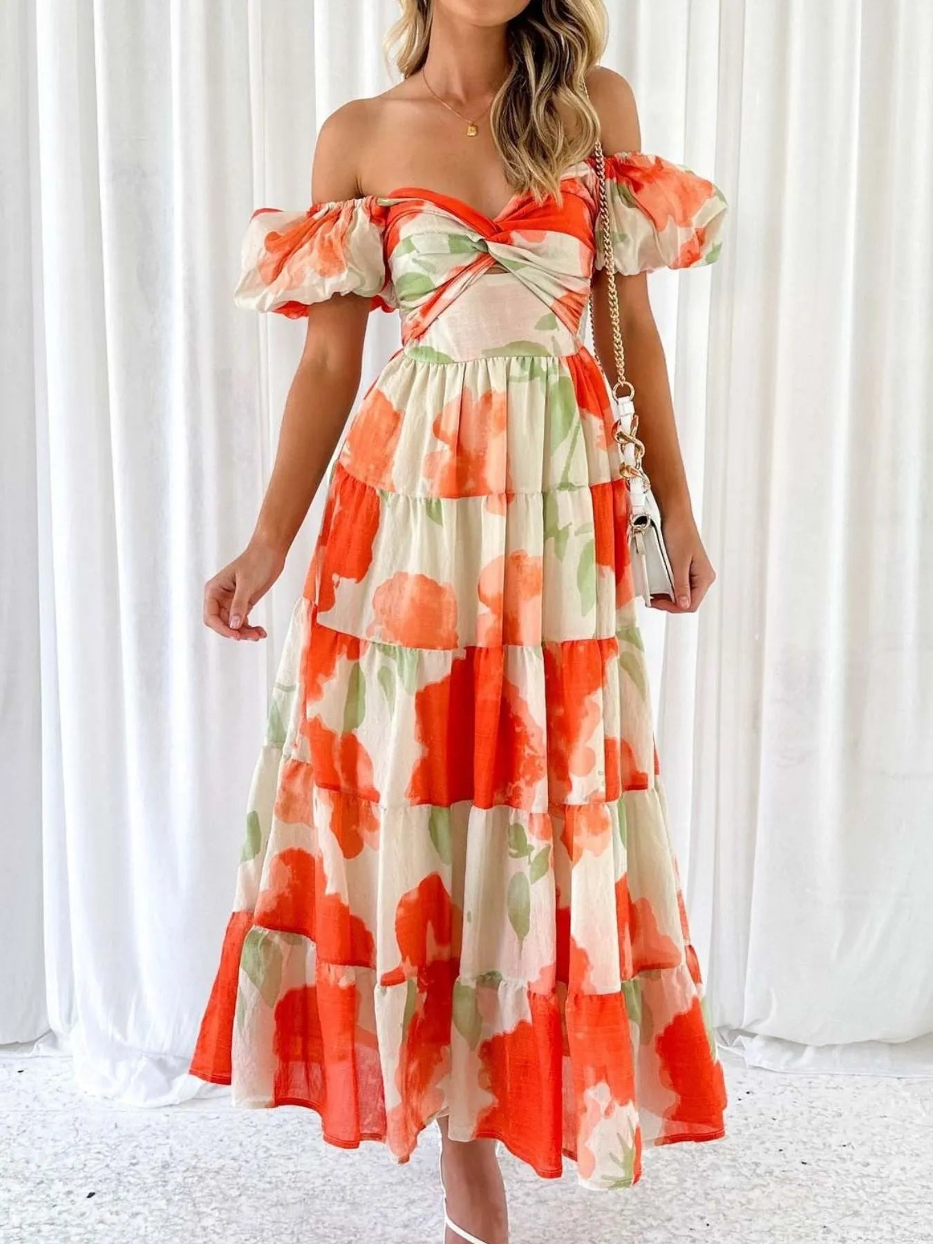 Off-Shoulder Floral Tiered Dress with Ruffle Details