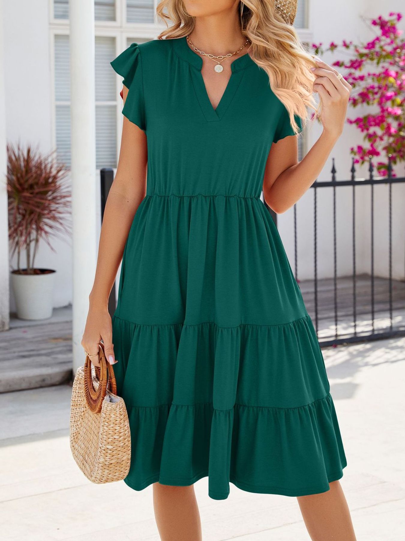 Ruffled Notched Tiered Midi Dress