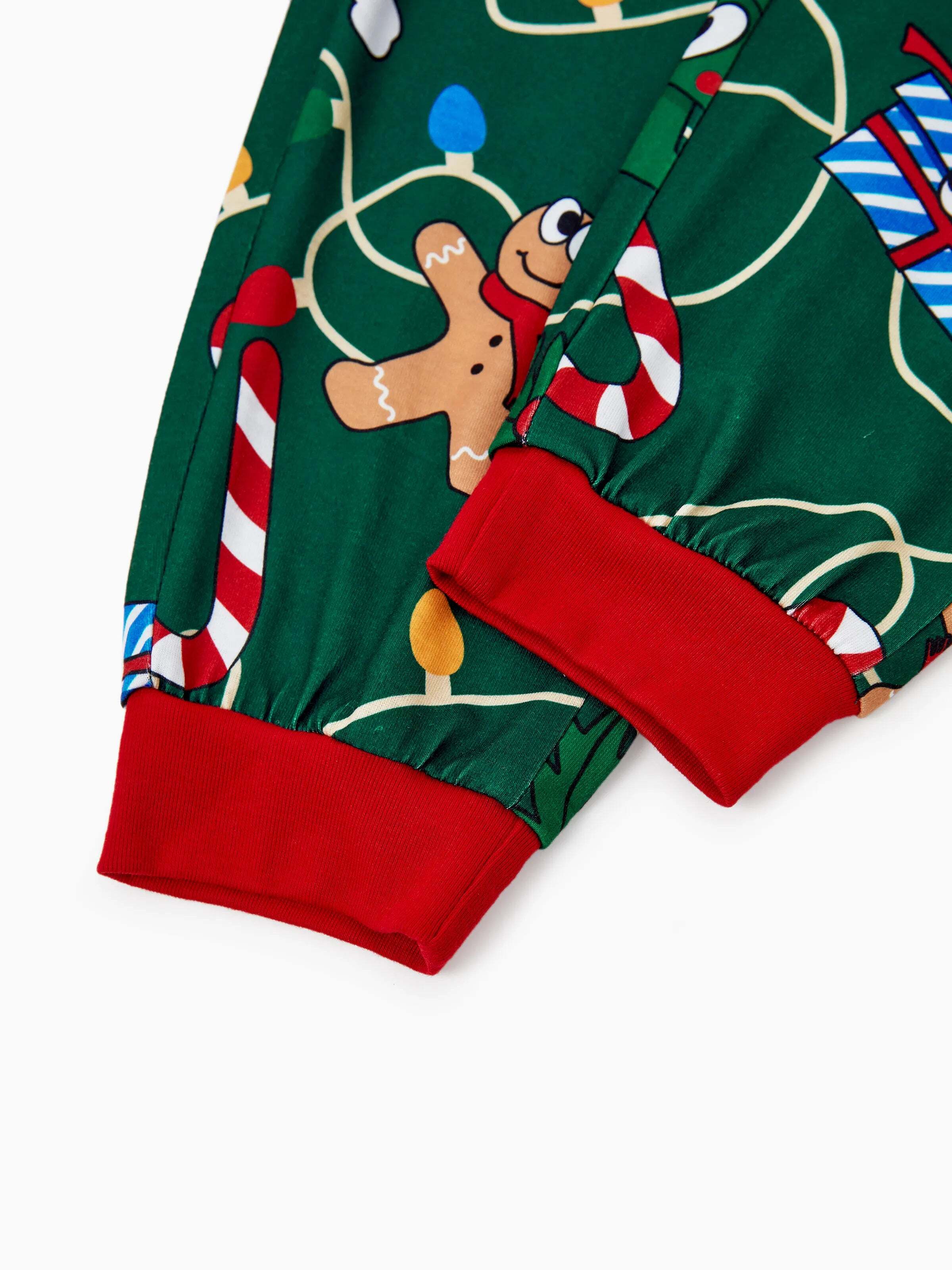 Christmas Matching Family Pajamas Set Gingerbread and Christmas Tree Green and White PJS with Christmas Socks Dark Green