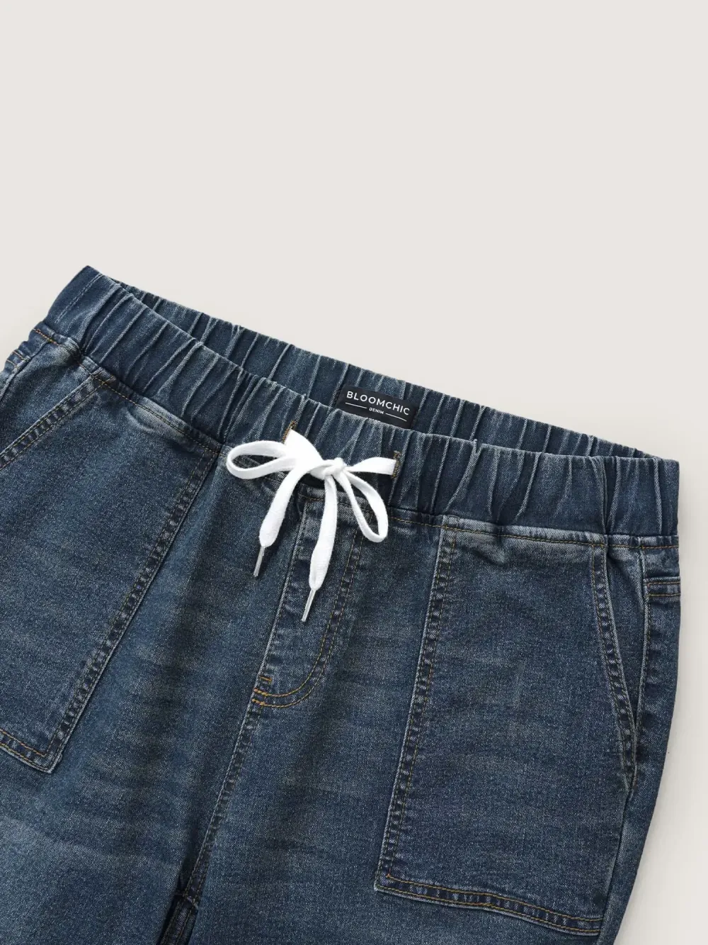 2026 Drawstring Elastic Waist Roll Hem Jeans