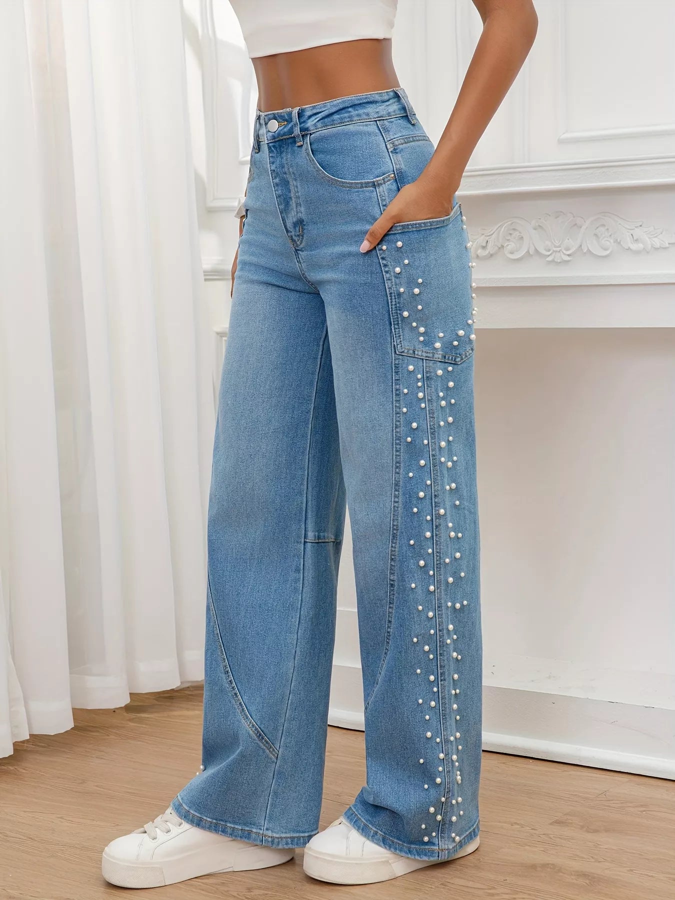 Pearl Embellished Wide Leg Jeans