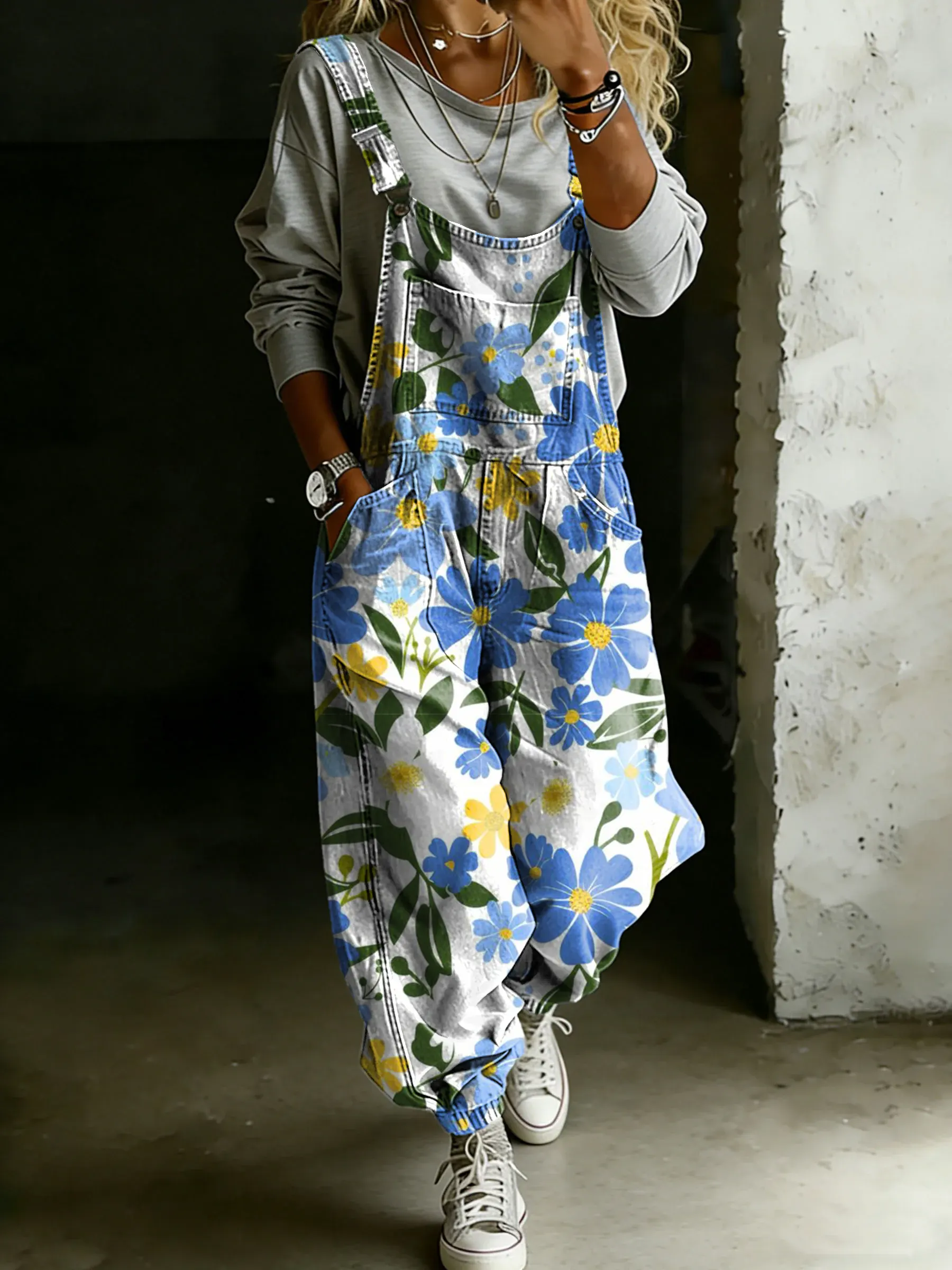 Women’s Vintage Floral Art Print Casual One Piece Denim Jumpsuit