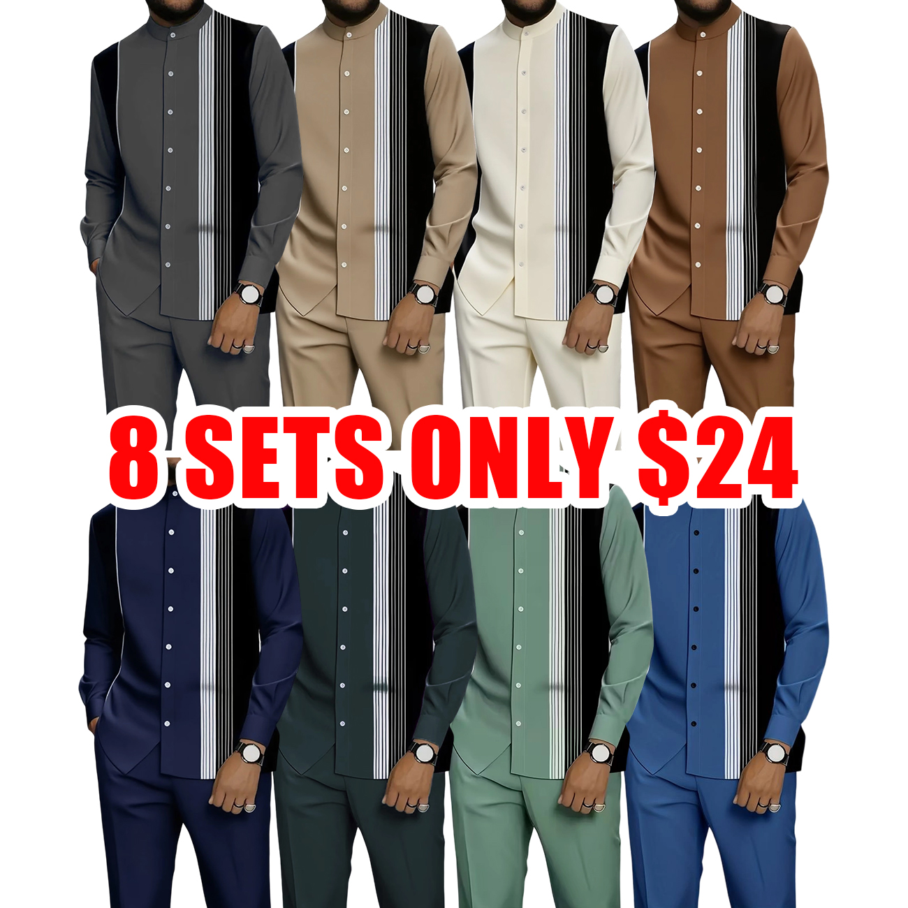 Men’s Black & White Stripe Button-Up Shirt and Drawstring Pants 2-Piece Set