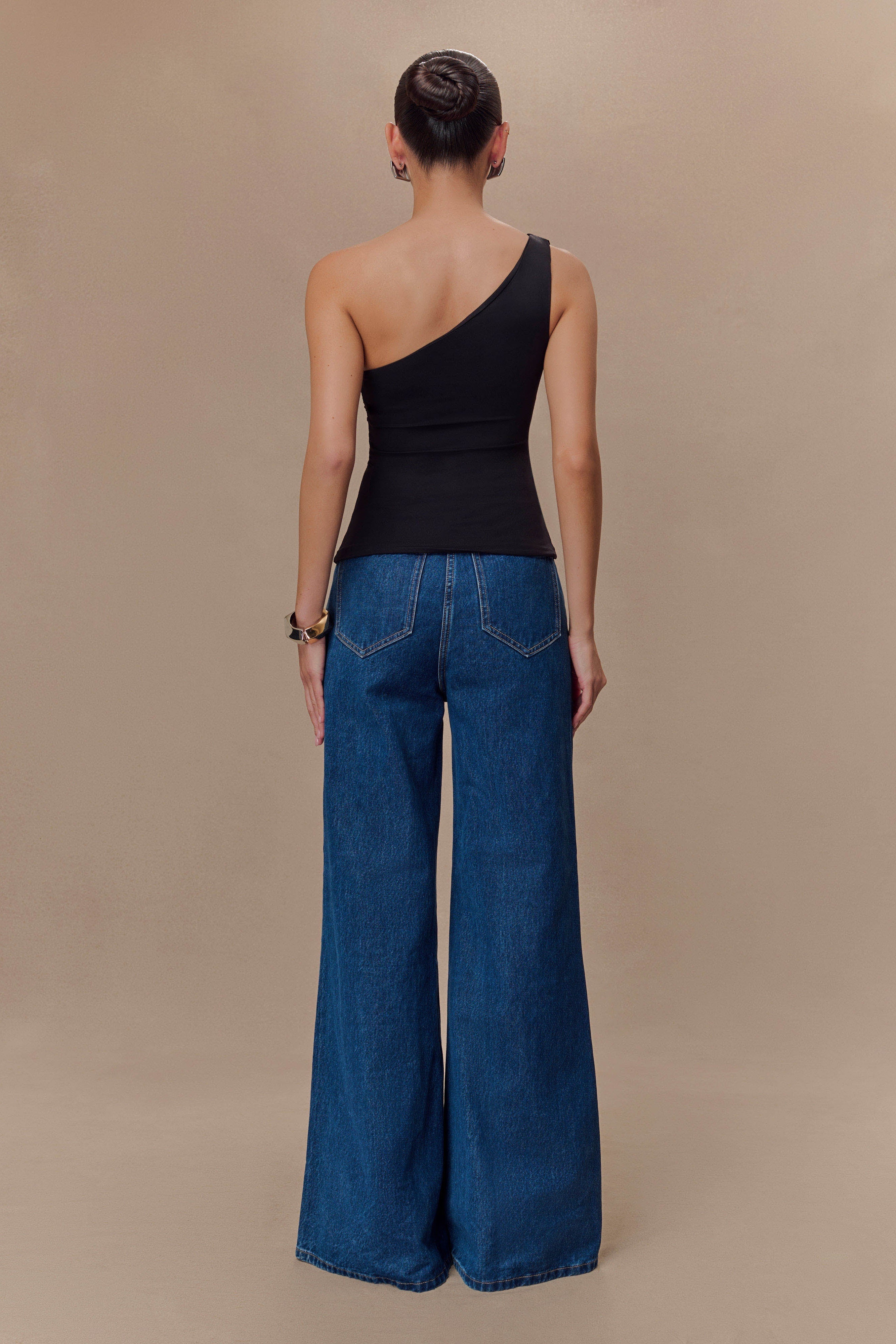 Black One Shoulder Recycled Nylon Top With Drape