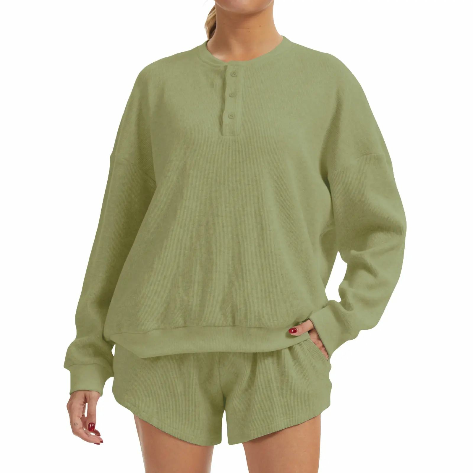 Women's Oversized Waffle Knit Lounge Set – Long Sleeve Henley Sweatshirt and High Waisted Shorts 2 Piece Casual Outfit Summervibes