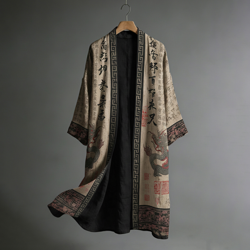 Men's Japanese Dragon Pattern Calligraphy And Painting Art Linen Long Kimono