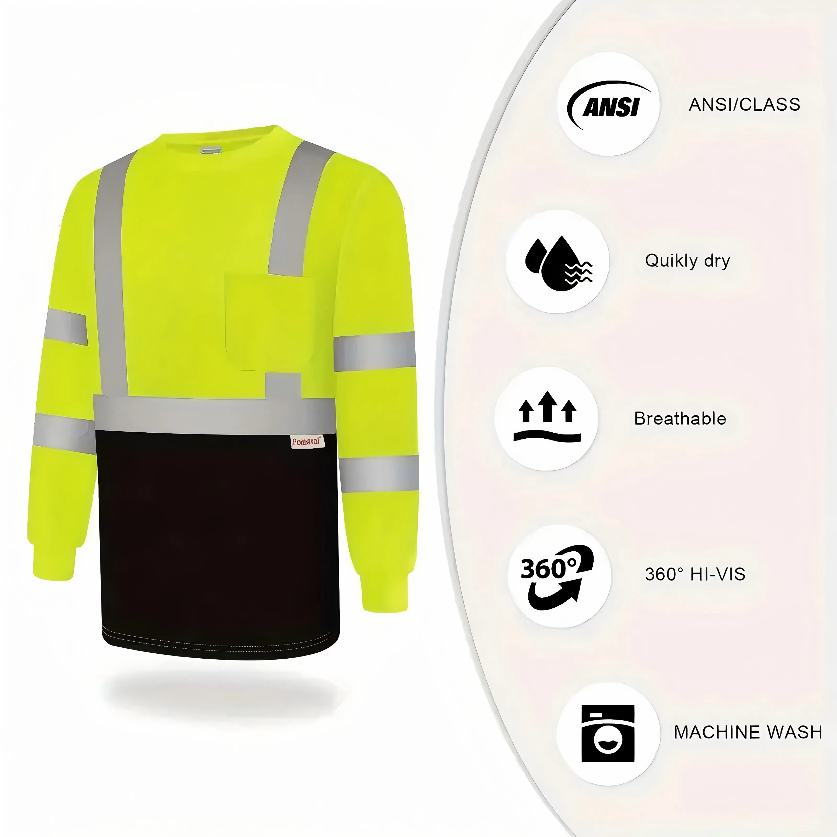 6-Pack Hi-Vis Long Sleeve Work T-Shirts with Pocket (Breathable & Quick-Dry)