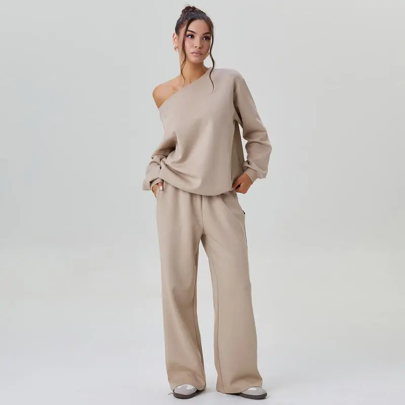 Women's Leisure Solid Color Sloping Shoulder Long Sleeve Top & Wide Leg Trousers Co-ord